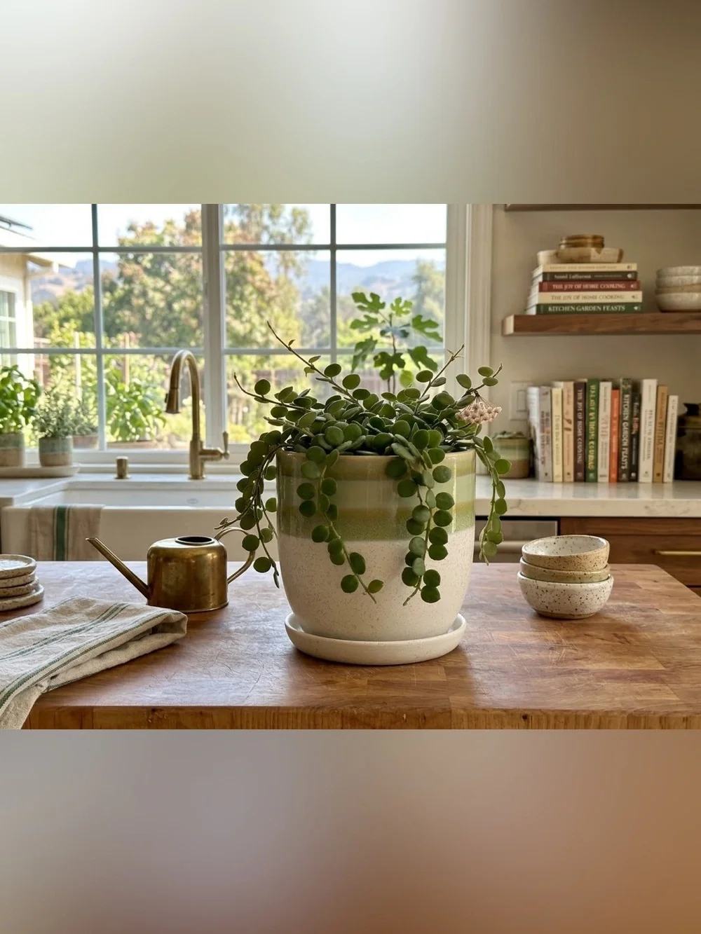 Striped Ceramic Planter with Drainage and Attached Saucer | Handmade Pottery Pot